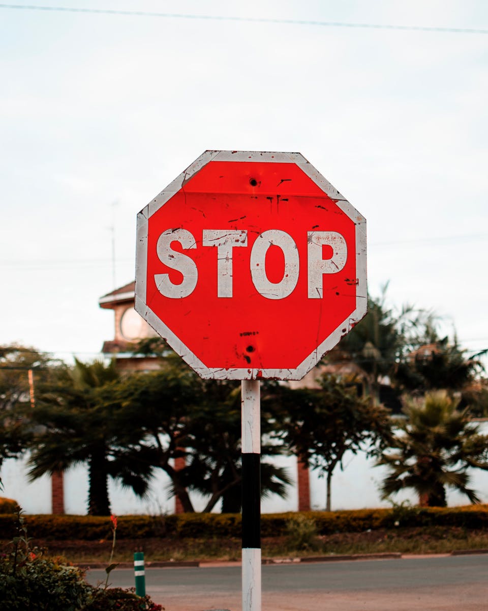 A prominent red stop sign on a city street amidst trees and buildings.