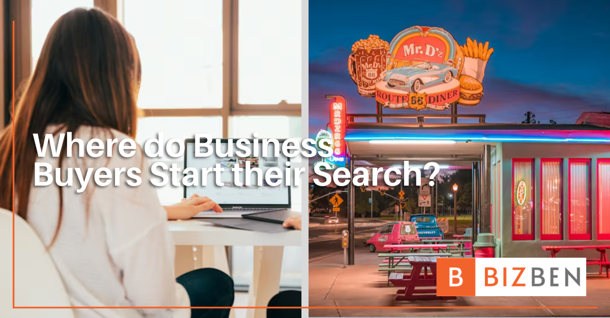 Person at a computer searching for a business for sale online, split with a photo of a diner — illustrating how California business buyers start their search on Google before contacting a broker.